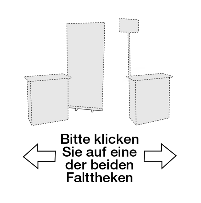 Falttheke mit Roll-up und eine mit Display man soll einer der zwei Falttheken klicken und das wird mit Pfeilen verdeutlicht